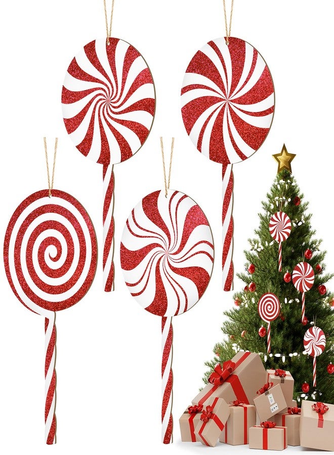 COCHIE 4Pcs Double-Sided Glitter Christmas Wood Candy Ornaments, 12" Large Lollipop Candy Ornaments Xmas Tree Candy Cane Hanging Ornament, Wooden Red Christmas Tree Decorations Peppermint Xmas Decor - Image 1